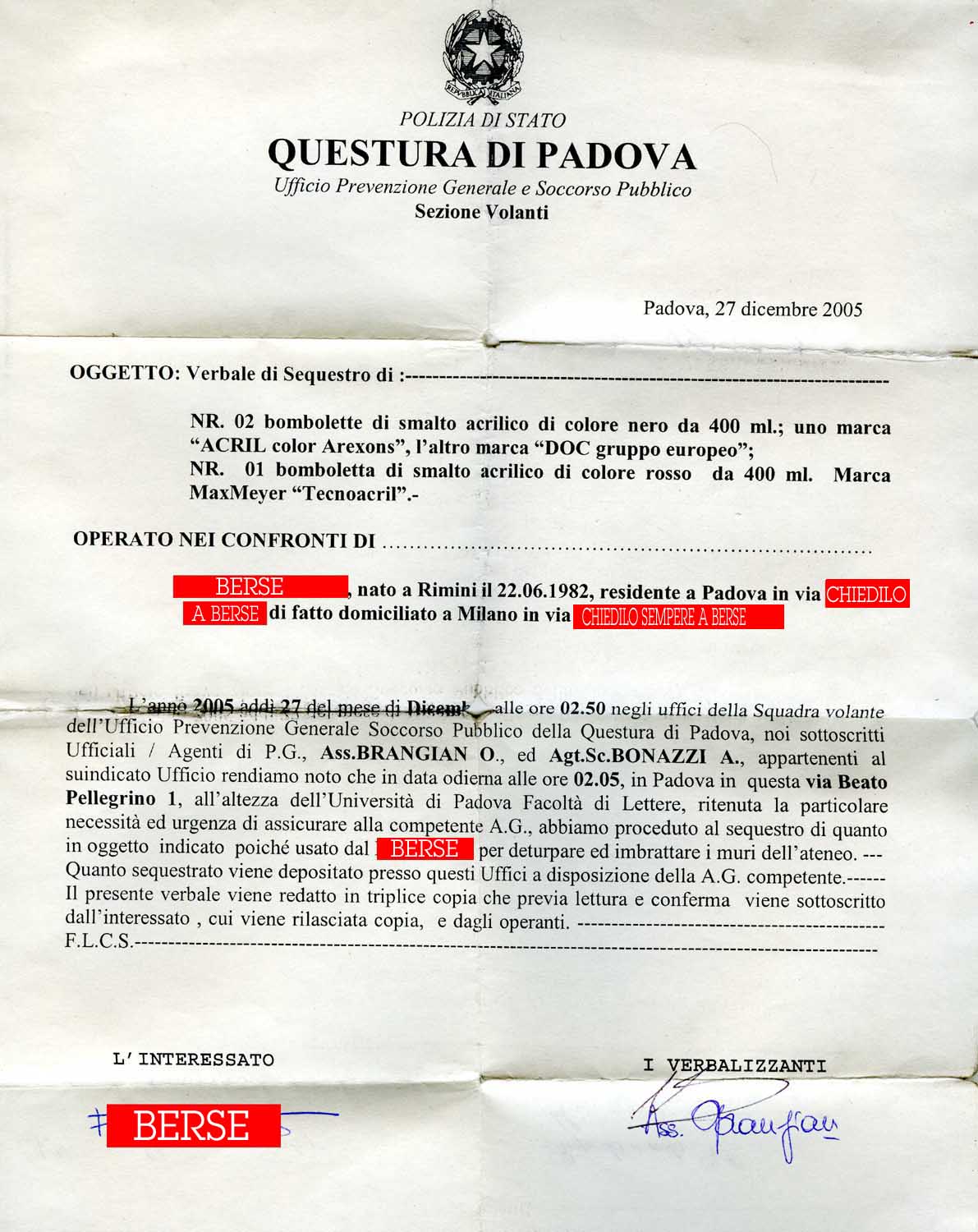 DENUNCIA DELL'ARRESTO DI BERSE